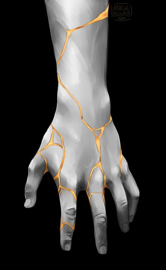 Instead of developing dark skin over his scars, Bel develops a skin in the color and shine of gold. Bel bleeds red but as soon as the wound heals completely and scars, they turn gold.